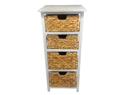 Exquisite Whitewash Wood Frame 4-Drawer Water Hyacinth Storage Cabinet